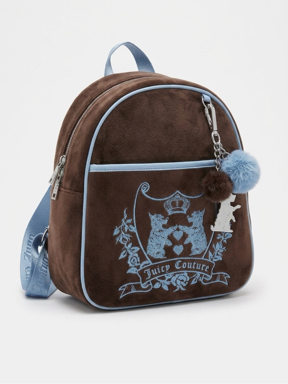 Juicy Couture Brown Velvet Mini Backpack with Light Blue Crest & Pom
